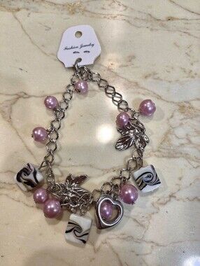 Pink Pearl & Silver Leaf Chunky Charm Bracelet NWT